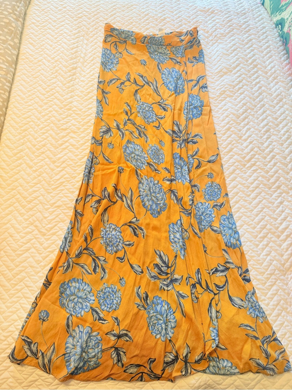 Olivaceous Yellow Maxi Skirt with Blue Floral Print